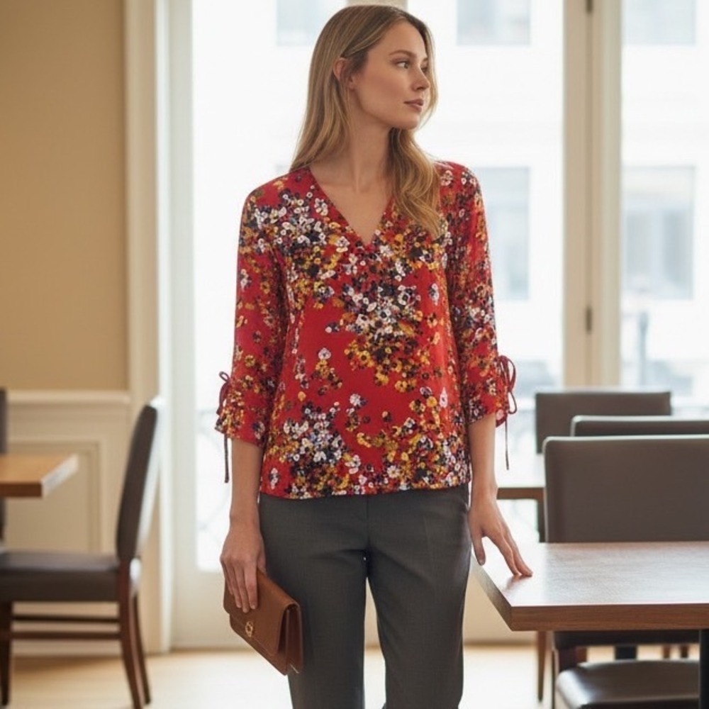 Lafayette 148 New York Red Floral 100% Silk V-Neck Tie Bell Sleeve Blouse L